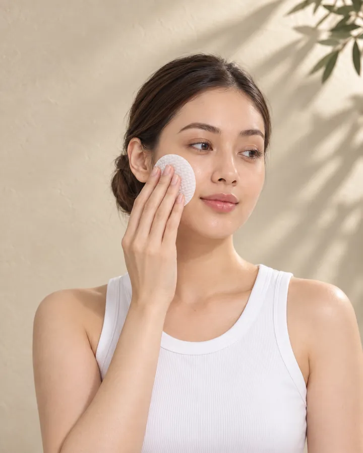Perempuan mengusapkan toner pad dengan lembut di pipi