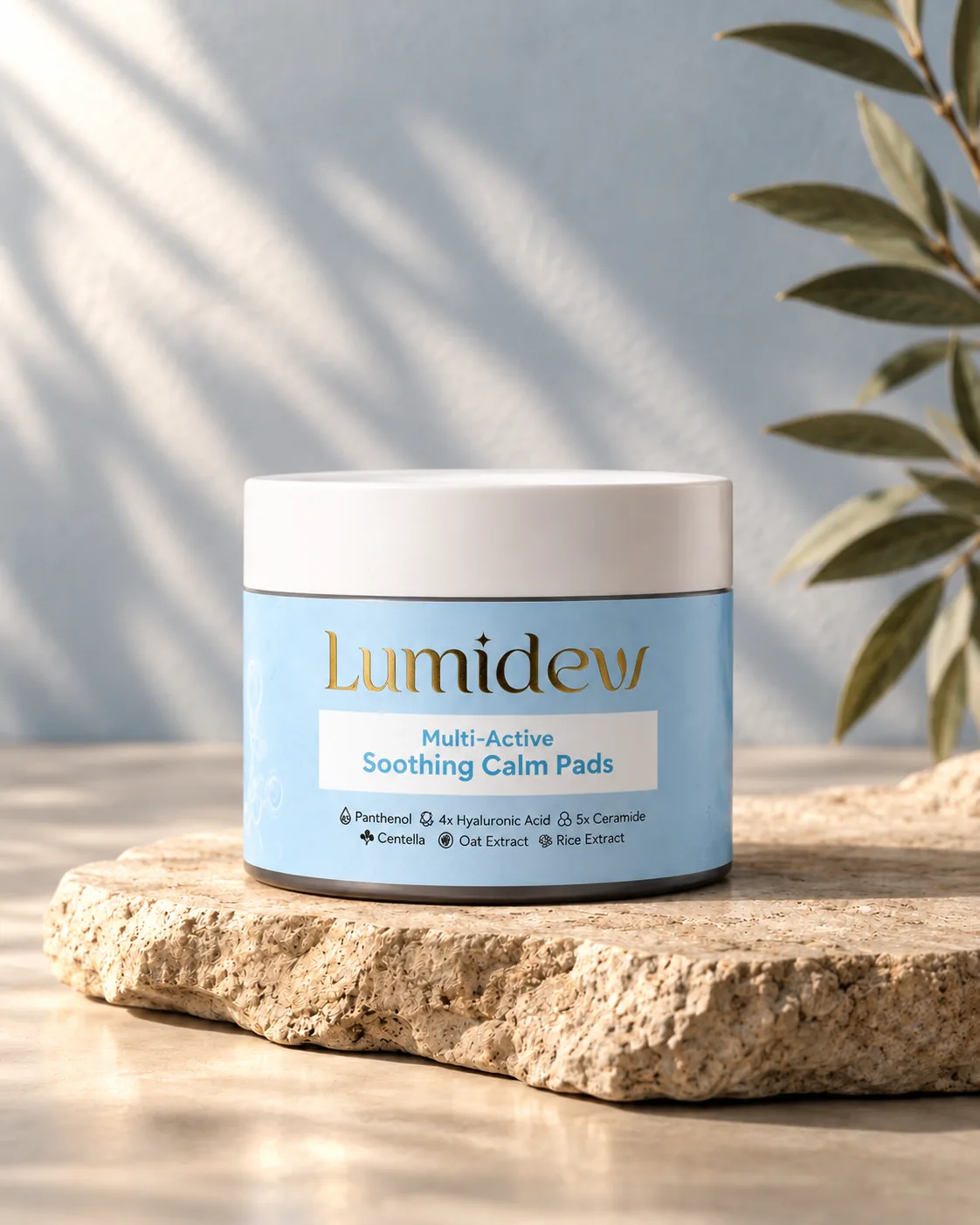 Lumidew Multi-Active Soothing Calm Pads di atas batu dalam cahaya lembut